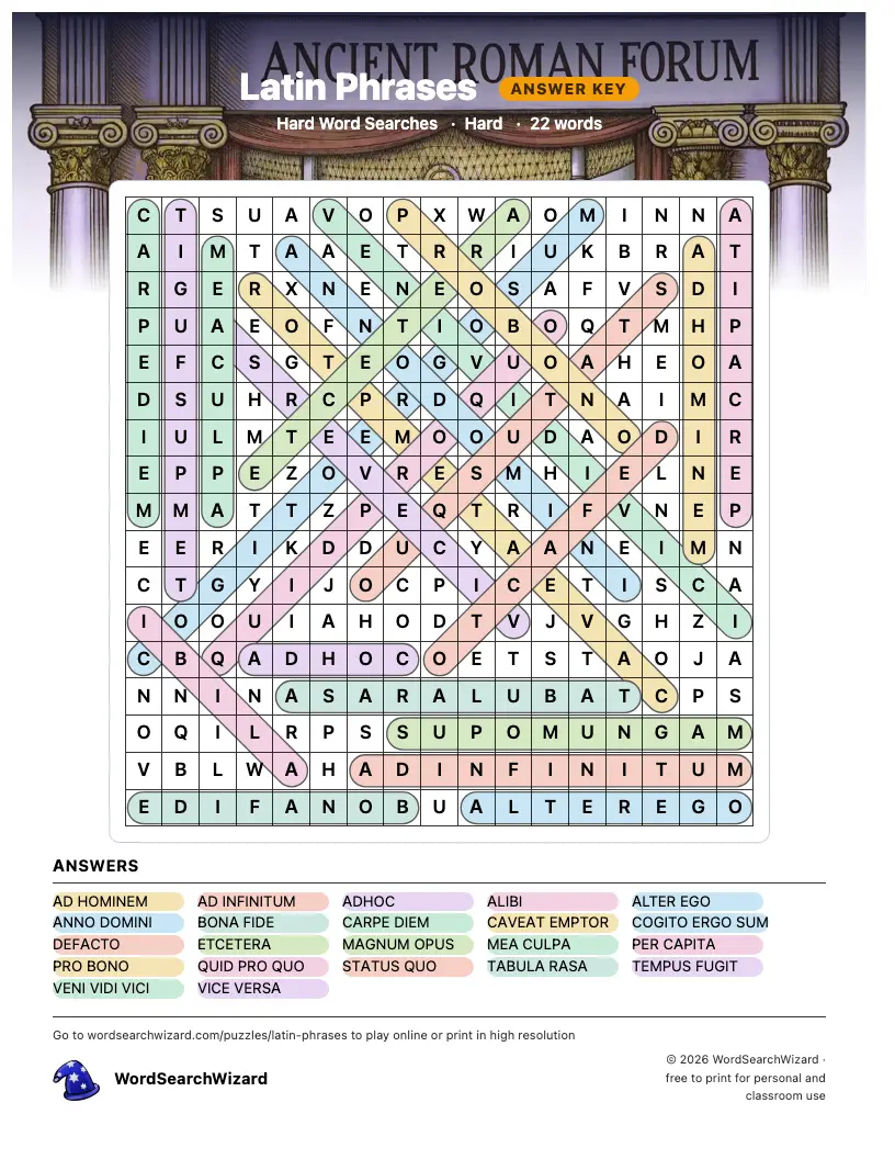 Latin Phrases word search answer key, all 22 words marked