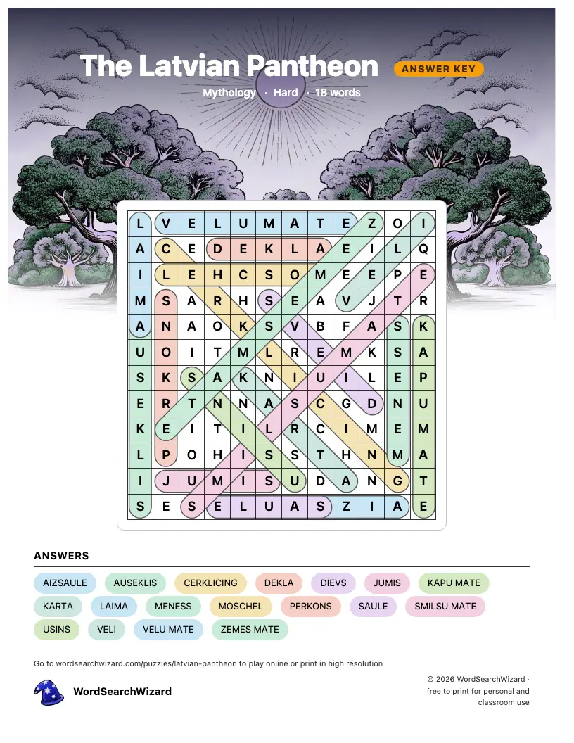 The Latvian Pantheon word search answer key, all 18 words marked