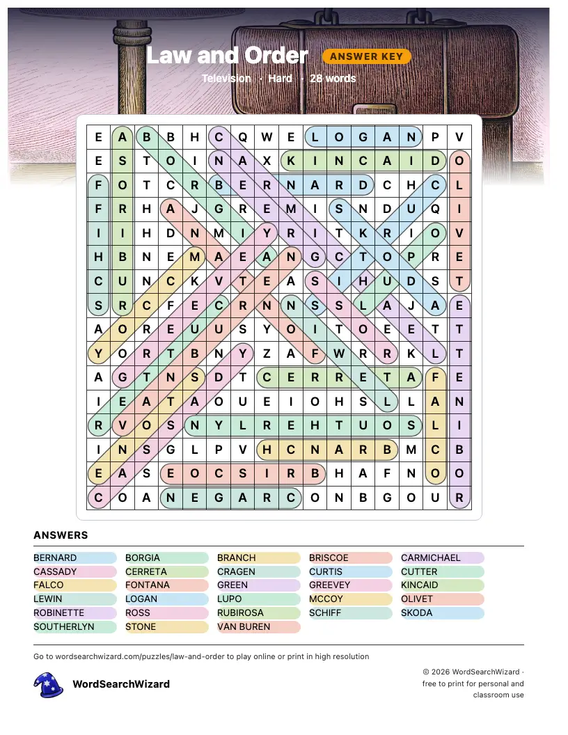 Law and Order word search answer key, all 28 words marked