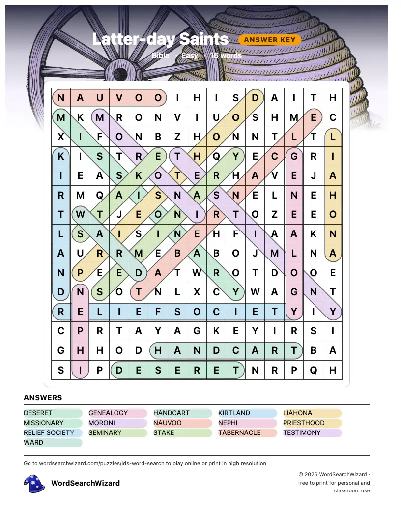 Latter-day Saints word search answer key, all 16 words marked