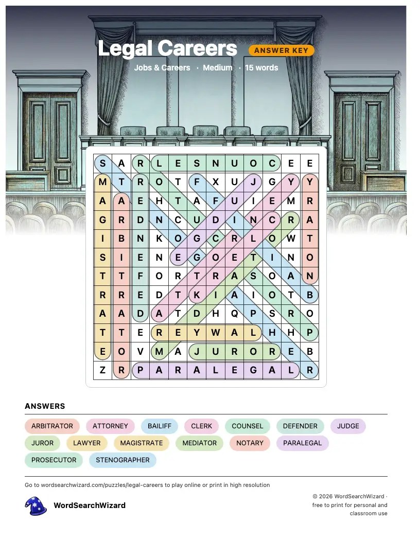 Legal Careers word search answer key, all 15 words marked