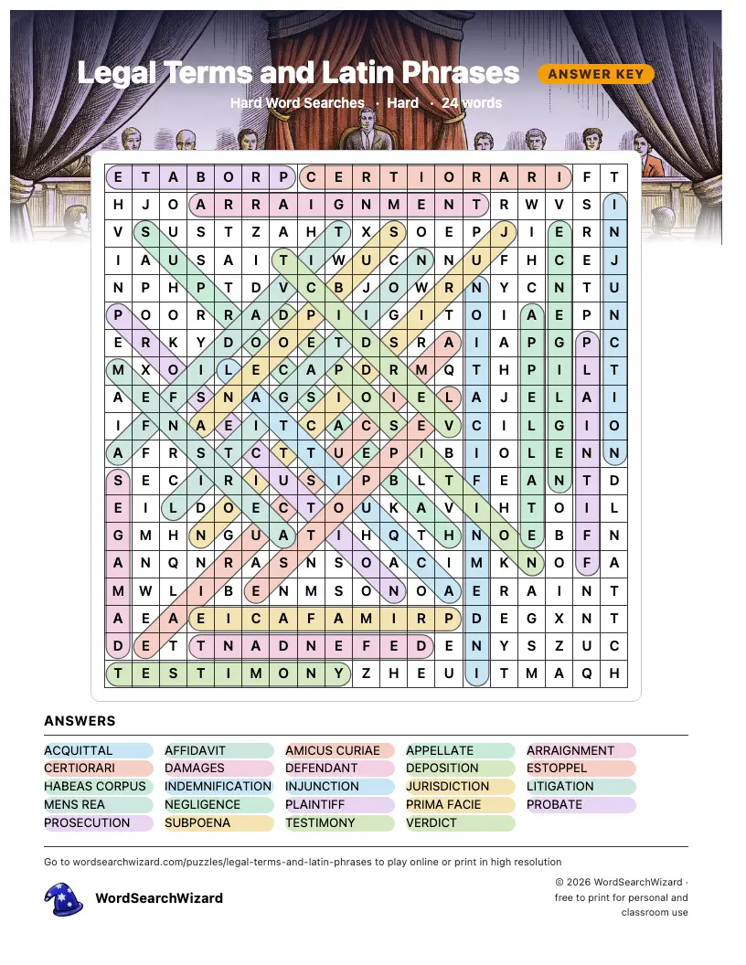 Legal Terms and Latin Phrases word search answer key, all 24 words marked