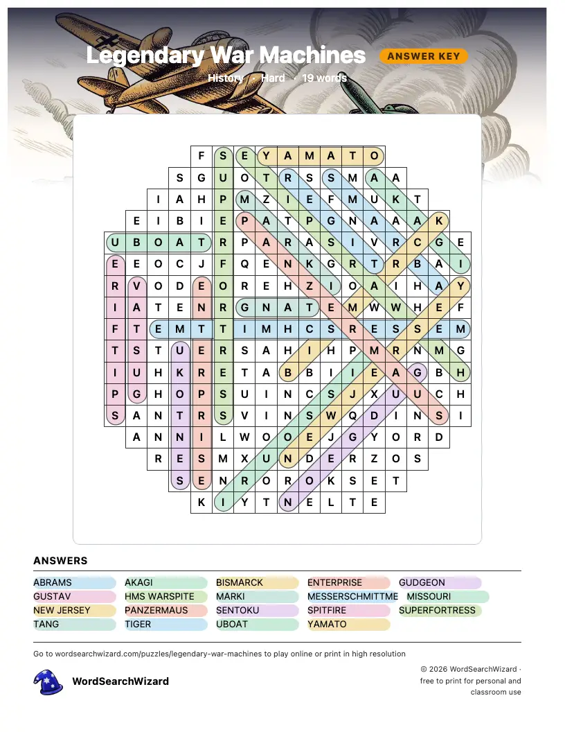 Legendary War Machines word search answer key, all 19 words marked