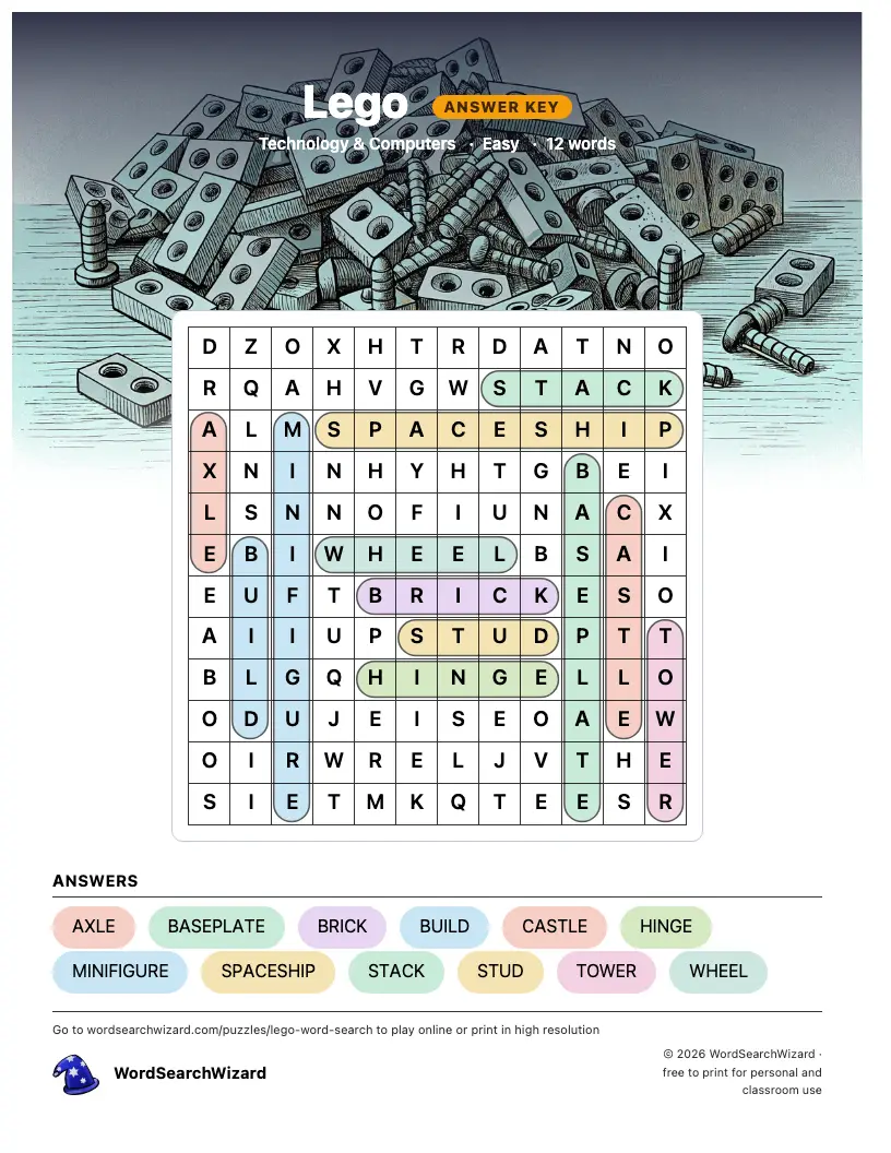 Lego word search answer key, all 12 words marked