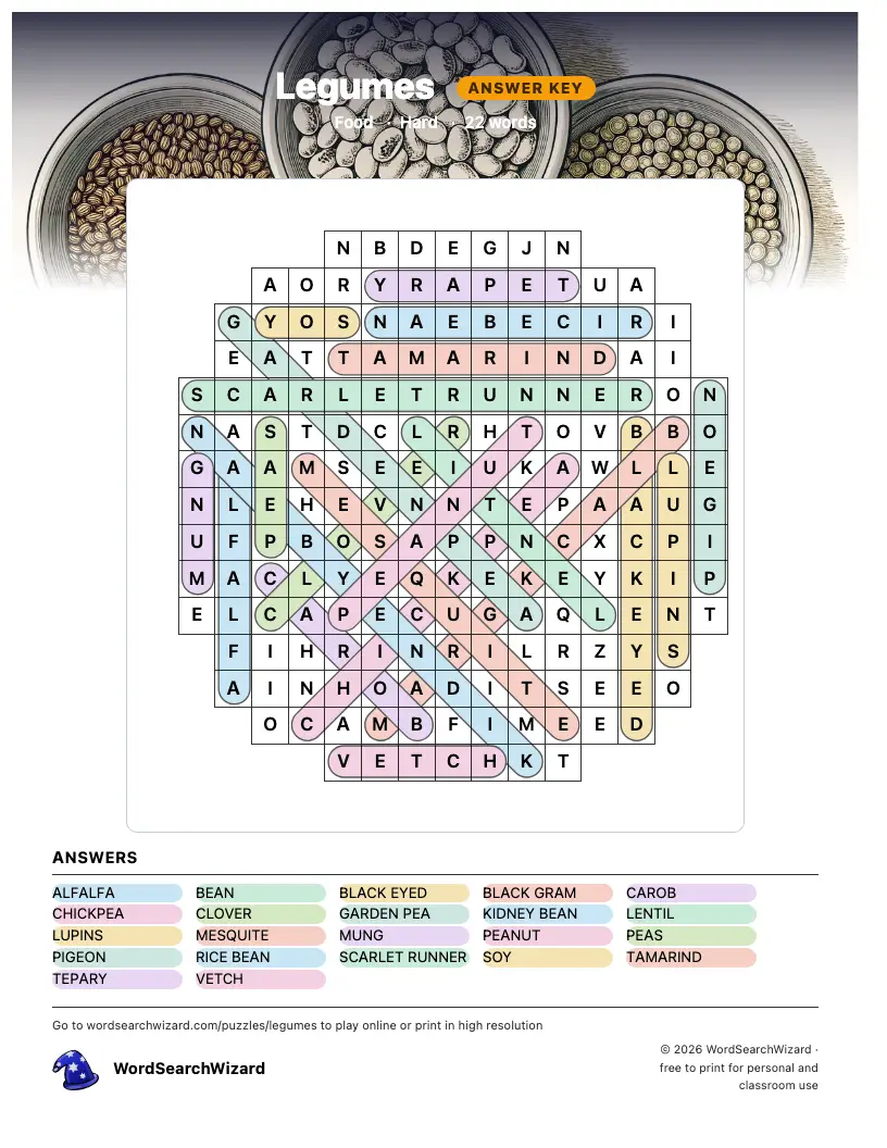 Legumes word search answer key, all 22 words marked