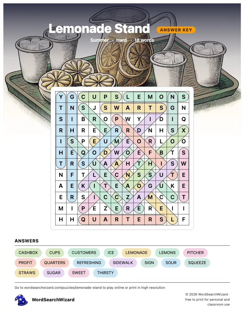 Lemonade Stand word search answer key, all 18 words marked
