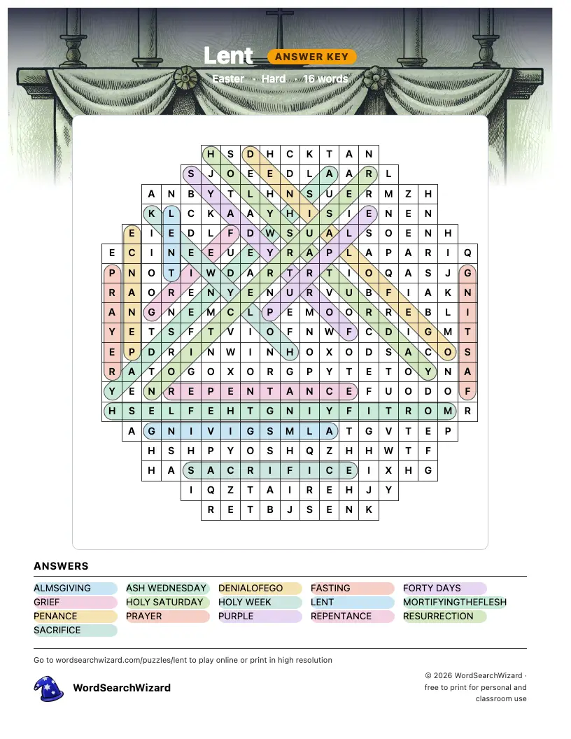 Lent word search answer key, all 16 words marked