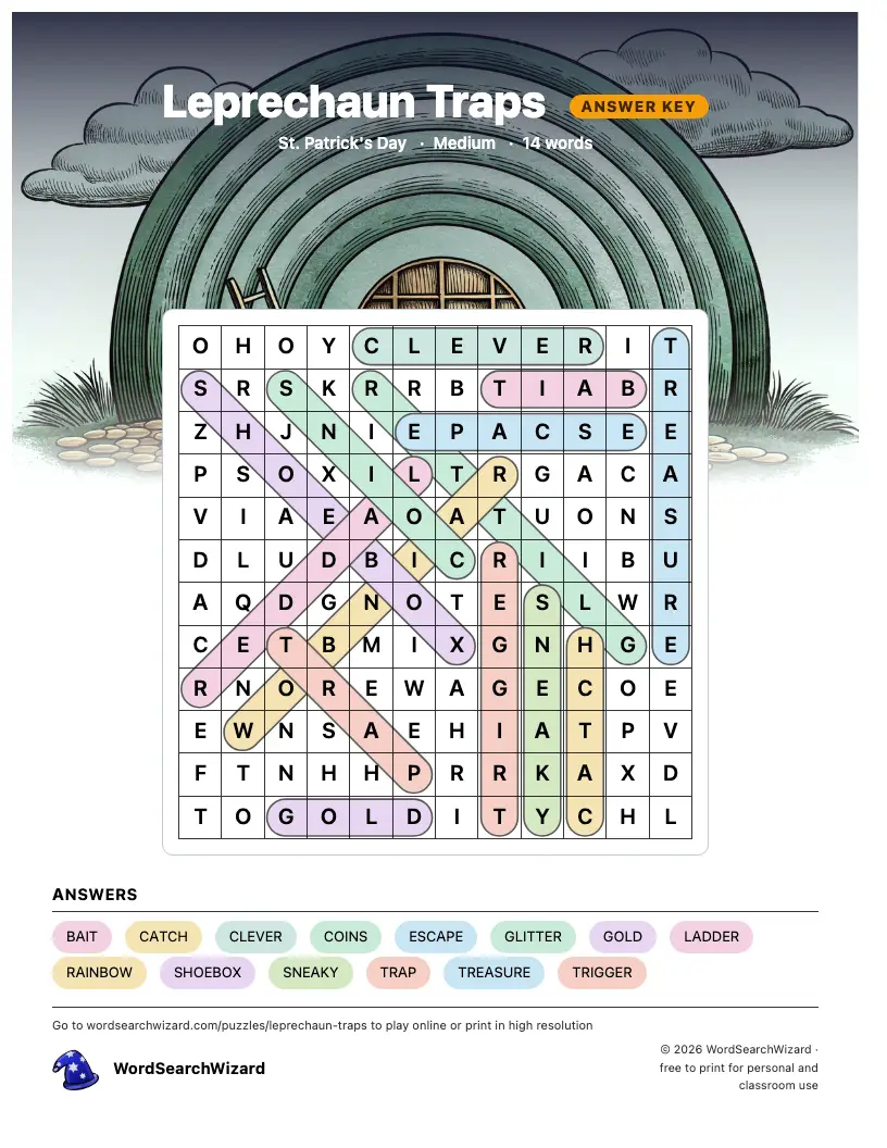 Leprechaun Traps word search answer key, all 14 words marked