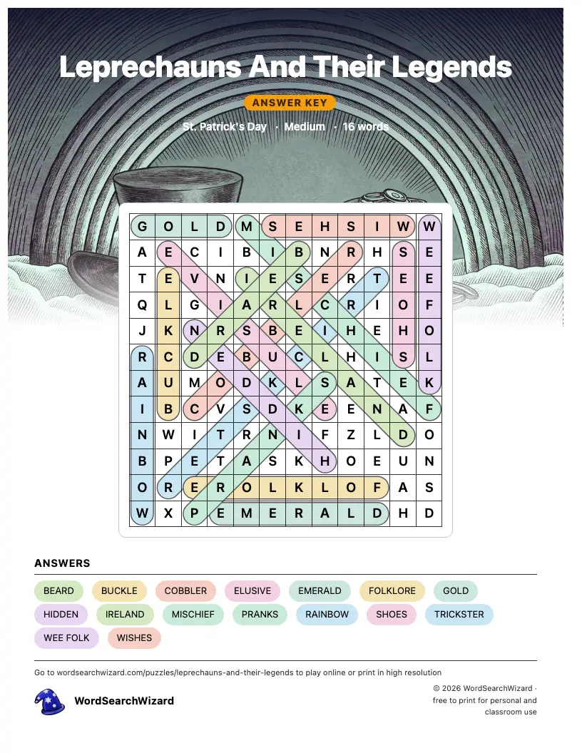 Leprechauns And Their Legends word search answer key, all 16 words marked
