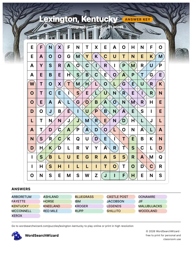 Lexington, Kentucky word search answer key, all 21 words marked