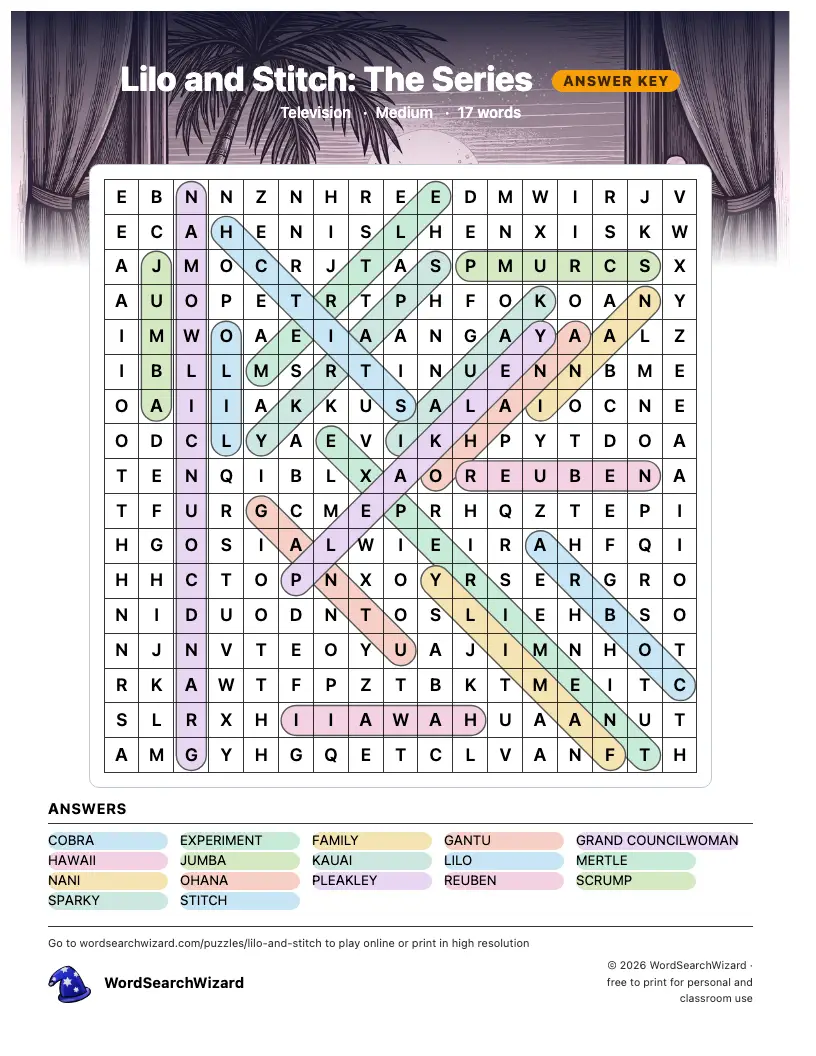 Lilo and Stitch: The Series word search answer key, all 17 words marked
