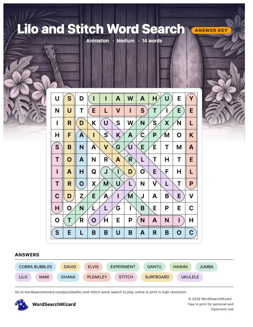 Lilo and Stitch word search answer key, all 14 words marked