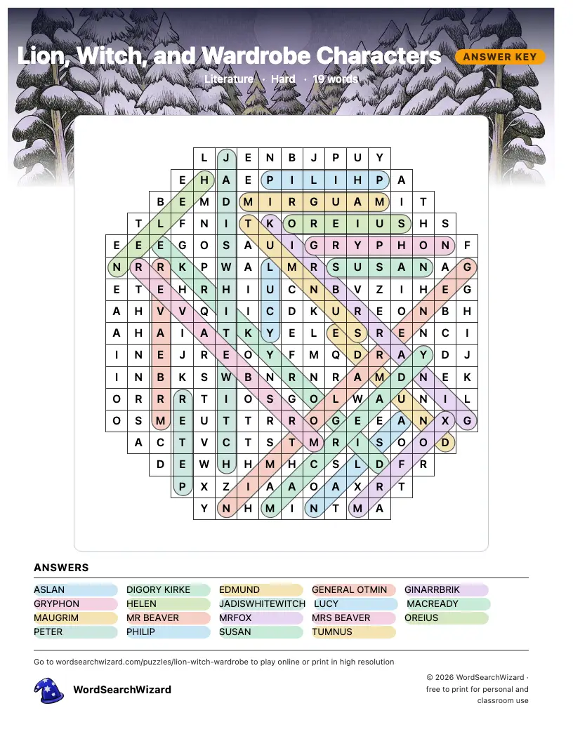 Lion, Witch, and Wardrobe Characters word search answer key, all 19 words marked