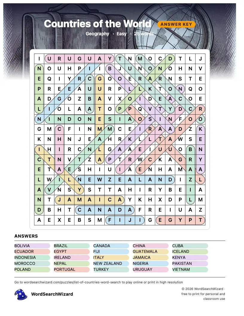Countries of the World word search answer key, all 25 words marked
