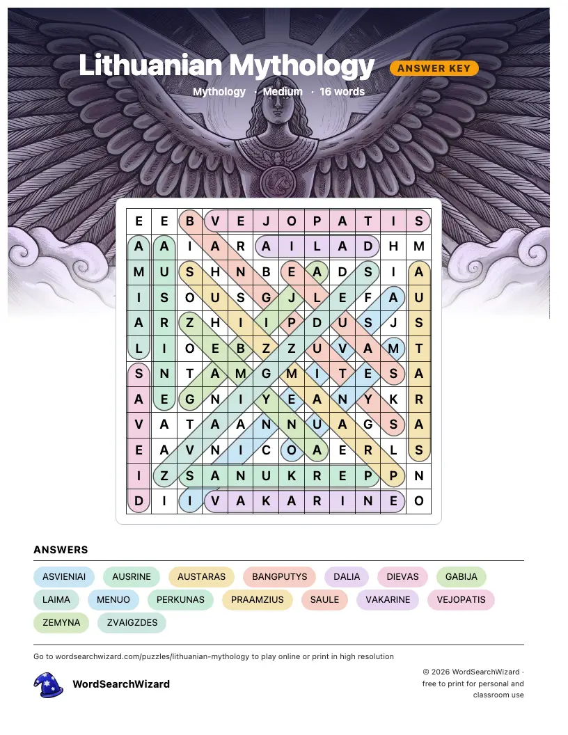 Lithuanian Mythology word search answer key, all 16 words marked