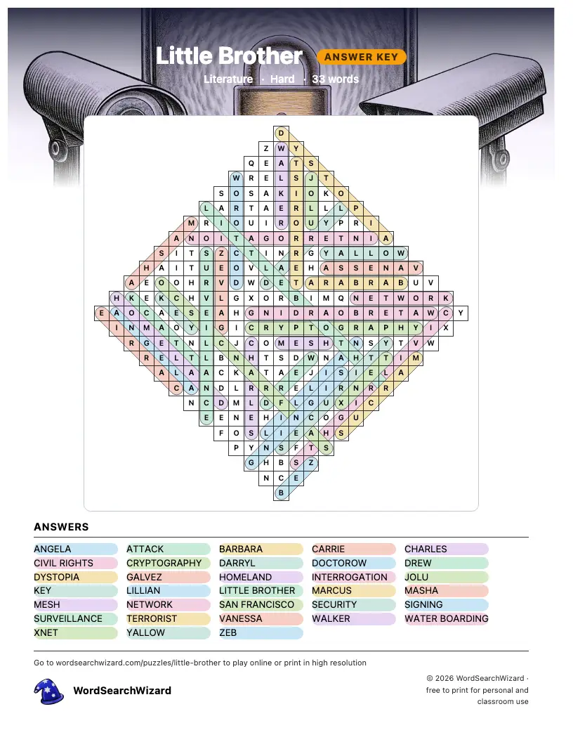 Little Brother word search answer key, all 33 words marked