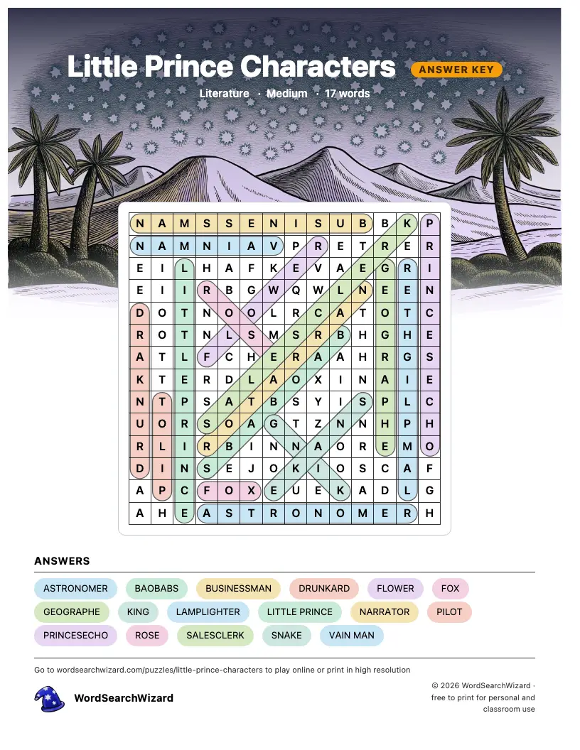 Little Prince Characters word search answer key, all 17 words marked