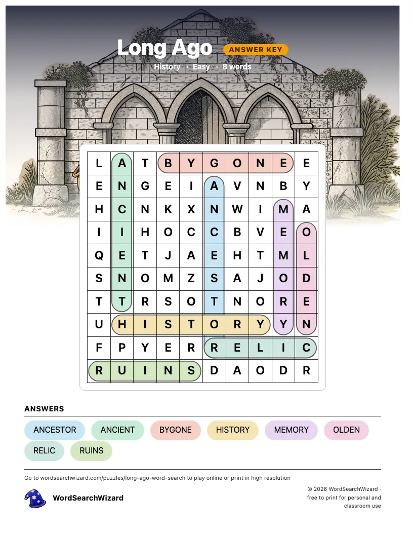 Long Ago word search answer key, all 8 words marked