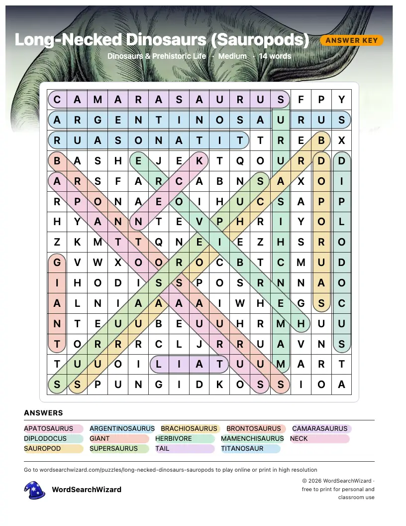 Long-Necked Dinosaurs (Sauropods) word search answer key, all 14 words marked