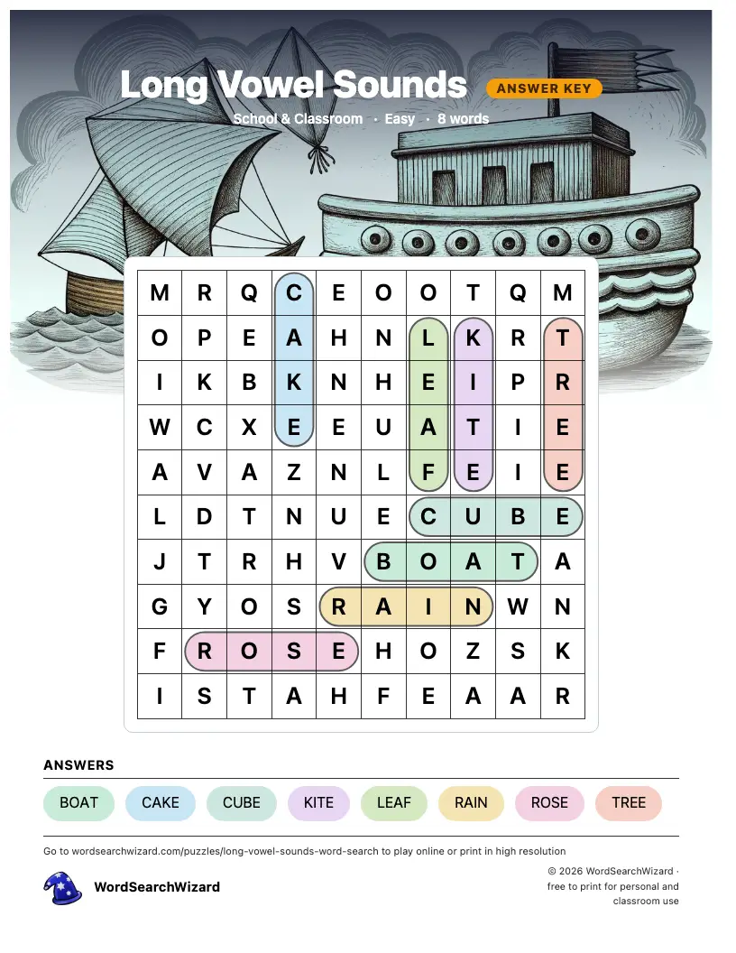 Long Vowel Sounds word search answer key, all 8 words marked