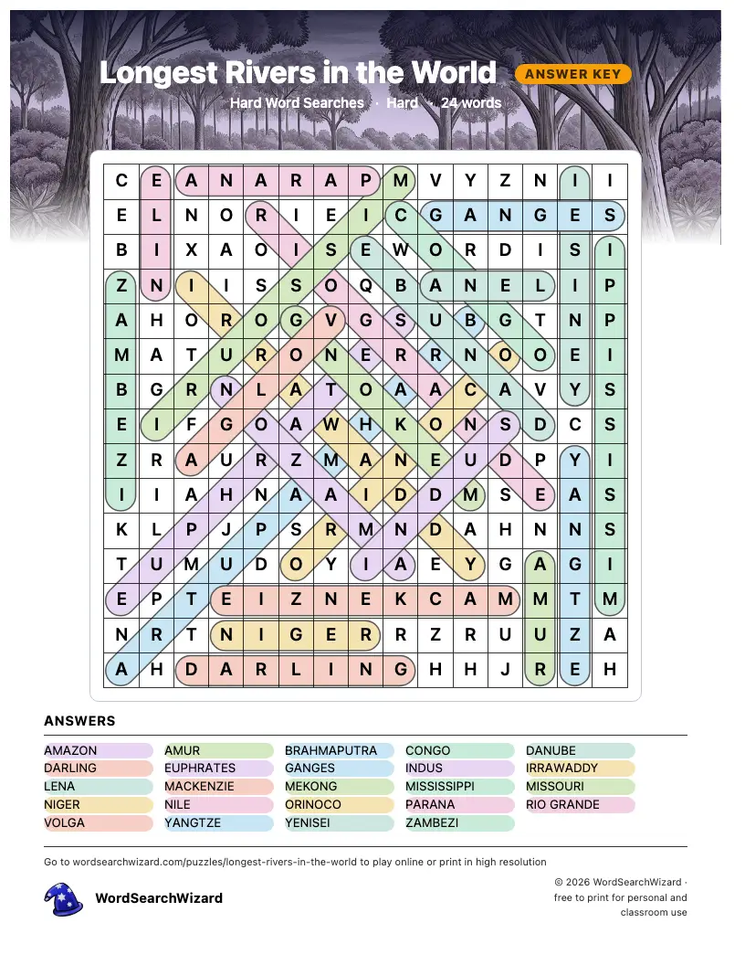 Longest Rivers in the World word search answer key, all 24 words marked