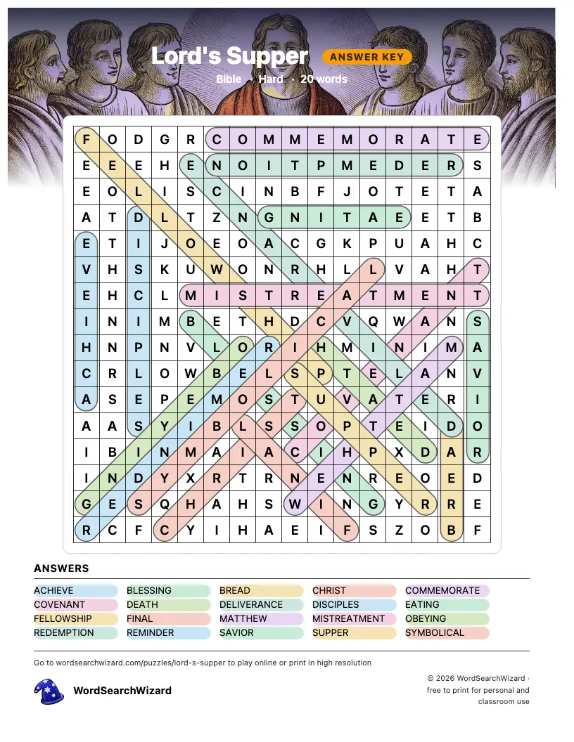 Lord's Supper word search answer key, all 20 words marked
