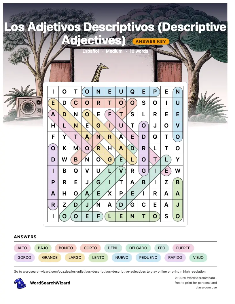 Los Adjetivos Descriptivos (Descriptive Adjectives) word search answer key, all 16 words marked