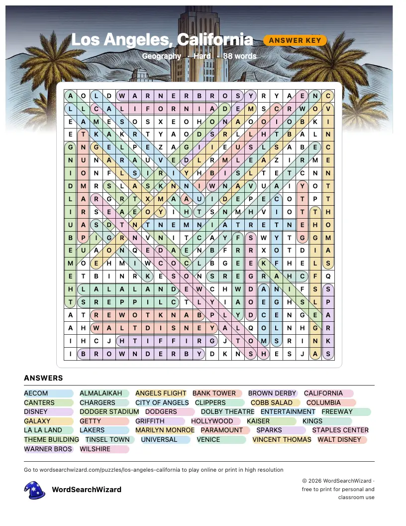 Los Angeles, California word search answer key, all 38 words marked