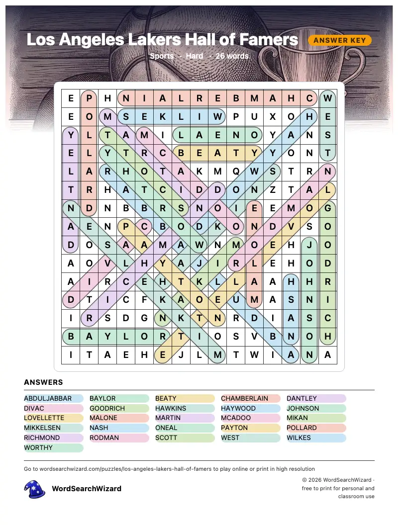 Los Angeles Lakers Hall of Famers word search answer key, all 26 words marked