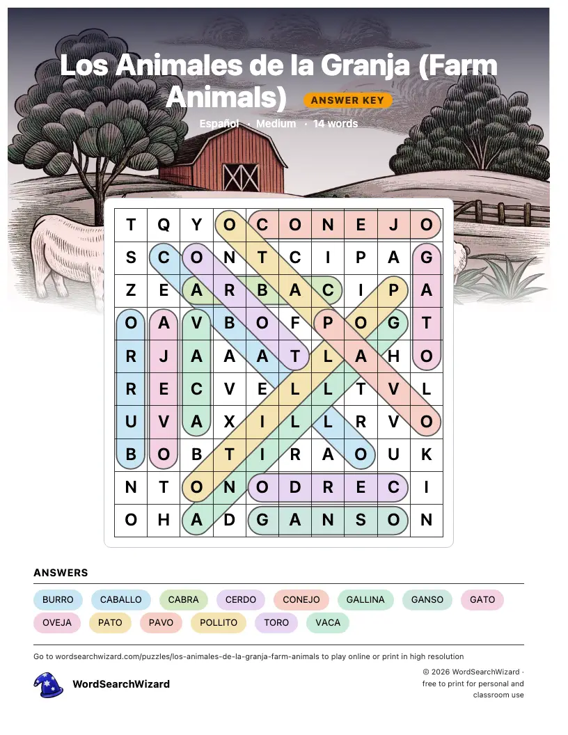 Los Animales de la Granja (Farm Animals) word search answer key, all 14 words marked