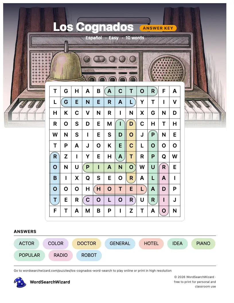 Los Cognados word search answer key, all 10 words marked