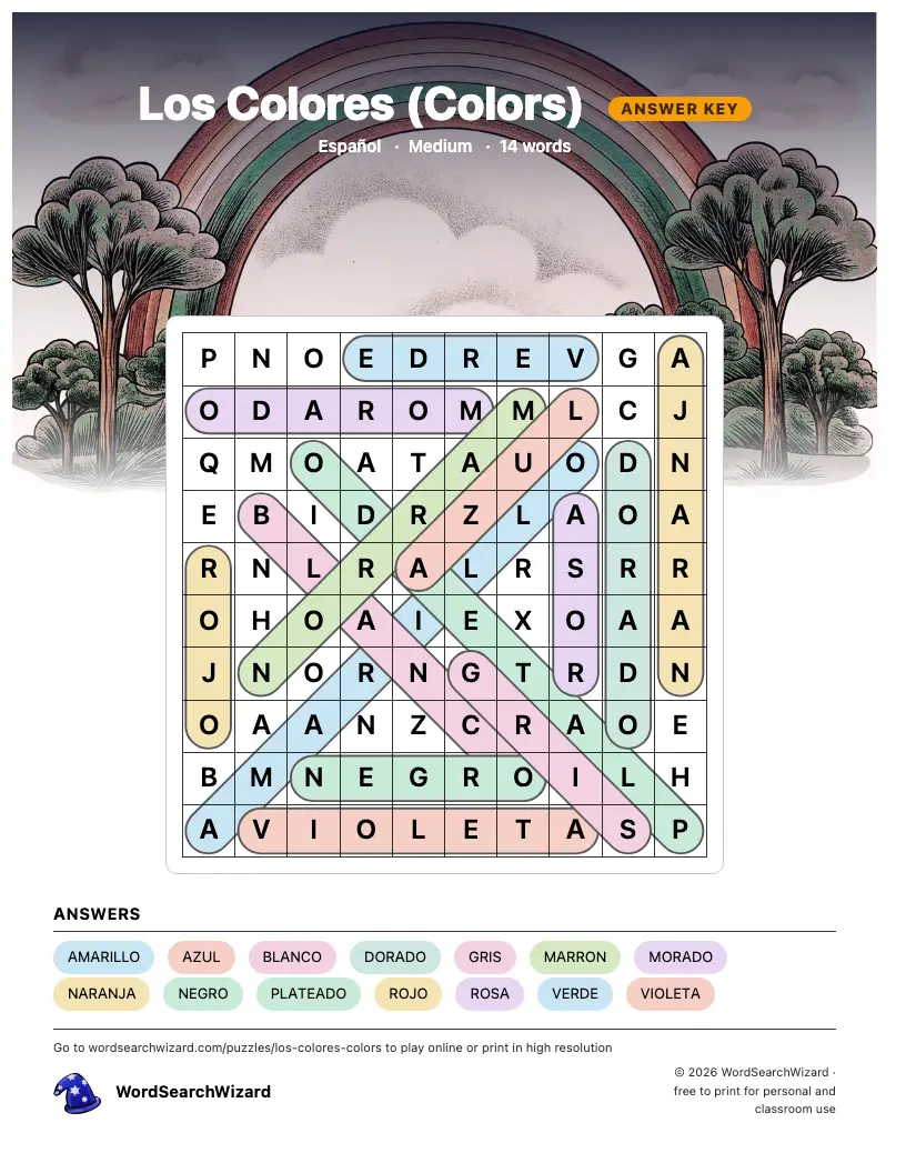 Los Colores (Colors) word search answer key, all 14 words marked