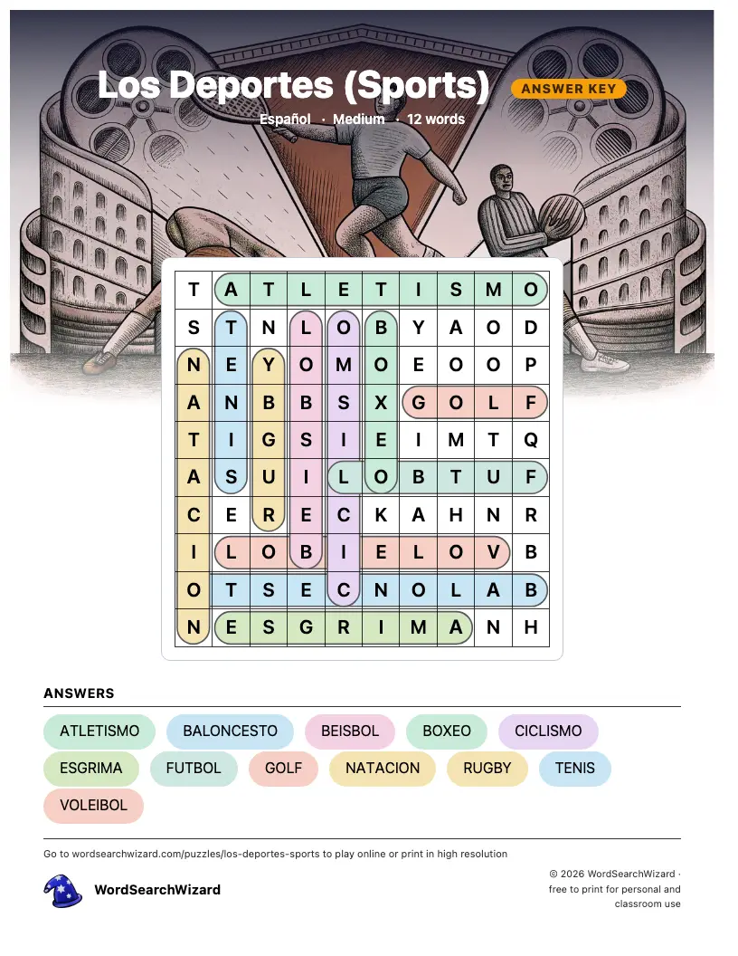 Los Deportes (Sports) word search answer key, all 12 words marked