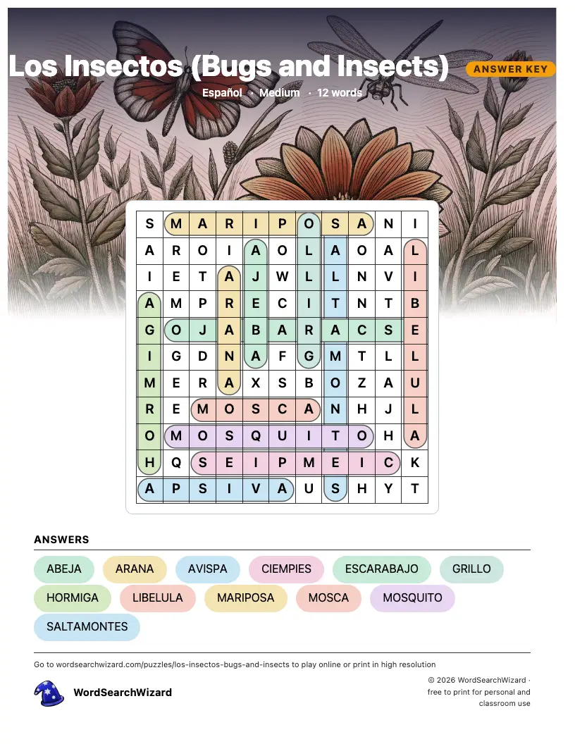 Los Insectos (Bugs and Insects) word search answer key, all 12 words marked
