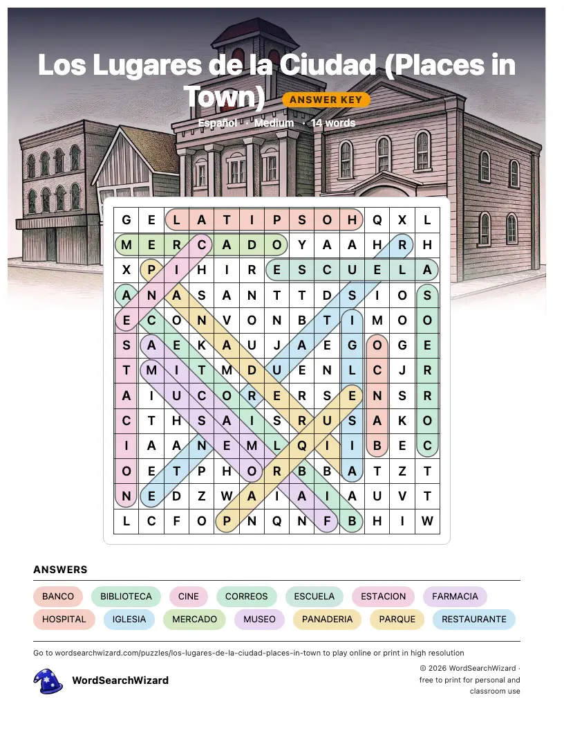 Los Lugares de la Ciudad (Places in Town) word search answer key, all 14 words marked