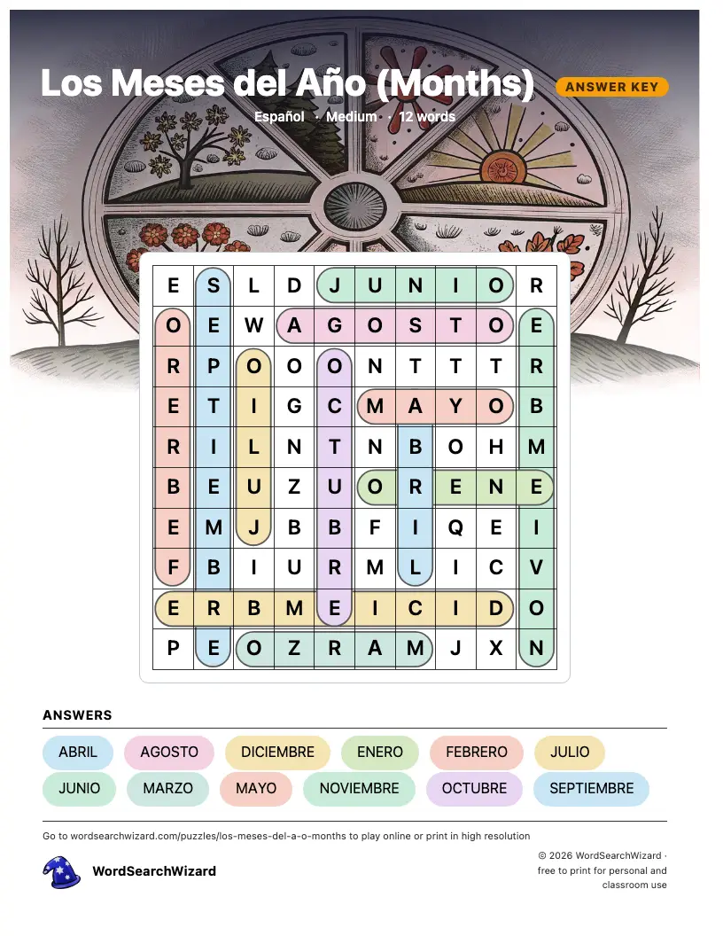 Los Meses del Año (Months) word search answer key, all 12 words marked