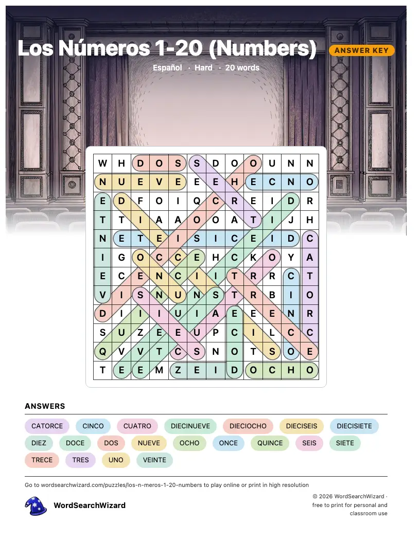 Los Números 1-20 (Numbers) word search answer key, all 20 words marked