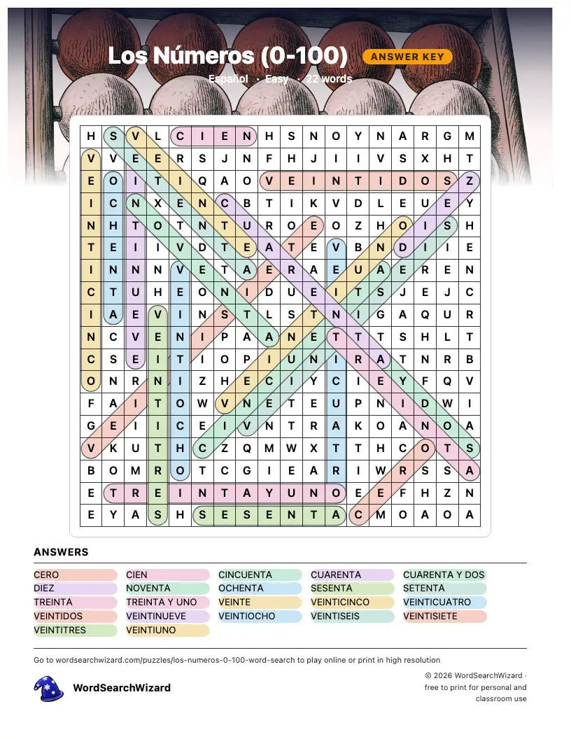 Los Números word search answer key, all 22 words marked