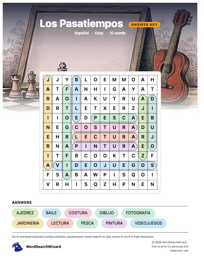Los Pasatiempos word search answer key, all 10 words marked