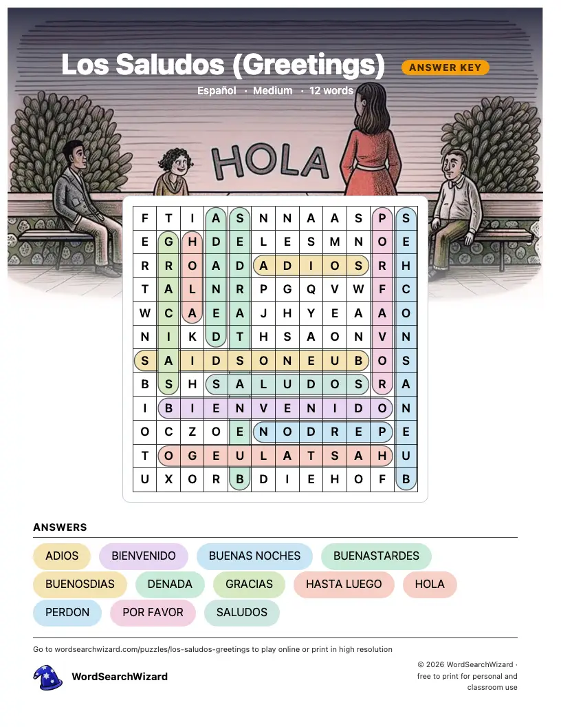 Los Saludos (Greetings) word search answer key, all 12 words marked