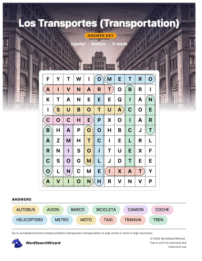Los Transportes (Transportation) word search answer key, all 12 words marked