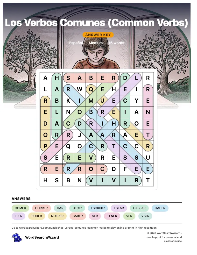 Los Verbos Comunes (Common Verbs) word search answer key, all 16 words marked
