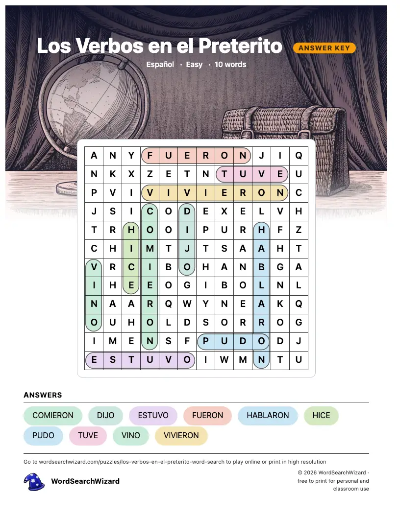 Los Verbos en el Preterito word search answer key, all 10 words marked