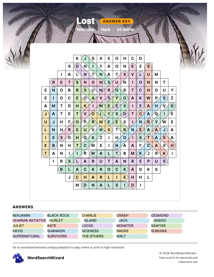 Lost word search answer key, all 24 words marked
