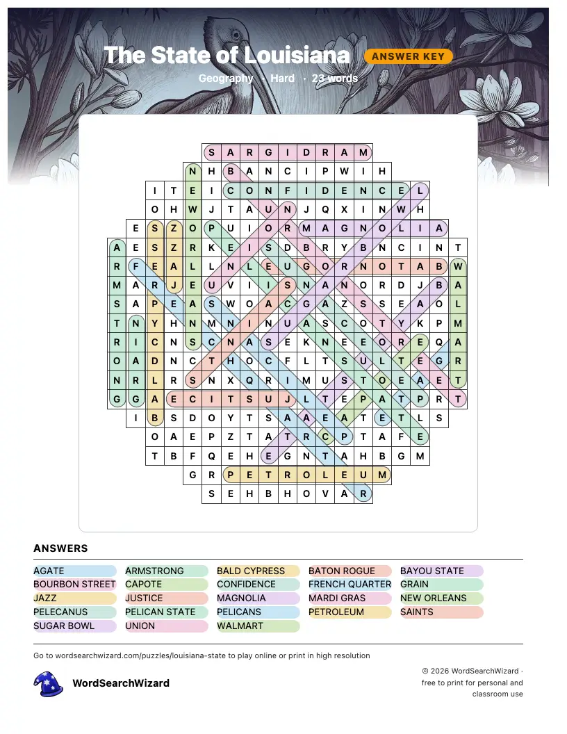 The State of Louisiana word search answer key, all 23 words marked