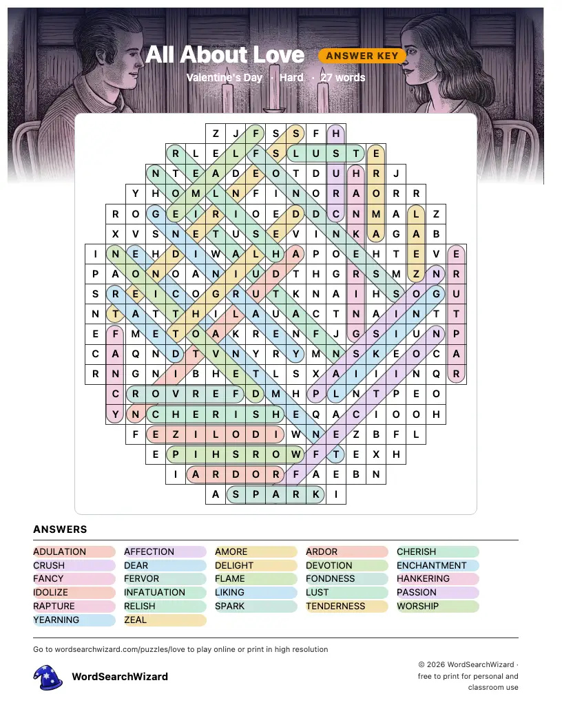 All About Love word search answer key, all 27 words marked