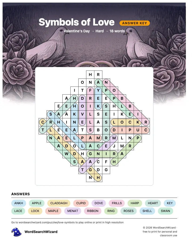 Symbols of Love word search answer key, all 18 words marked