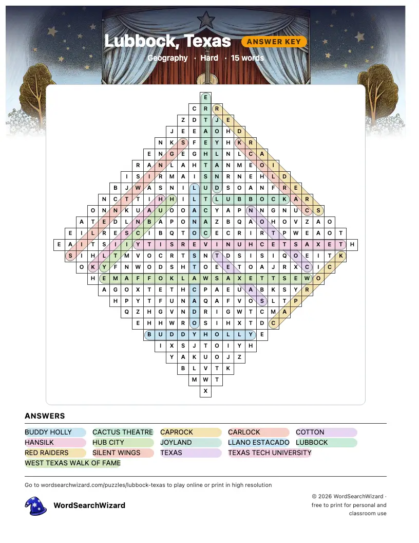 Lubbock, Texas word search answer key, all 15 words marked