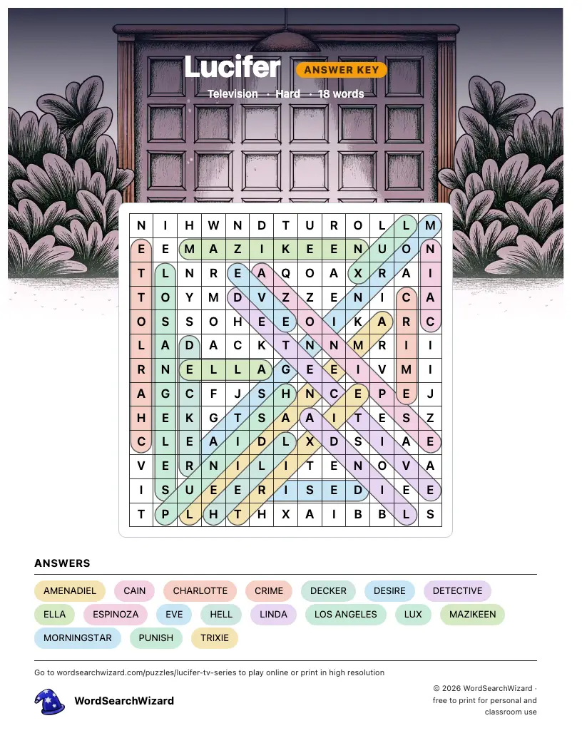 Lucifer word search answer key, all 18 words marked