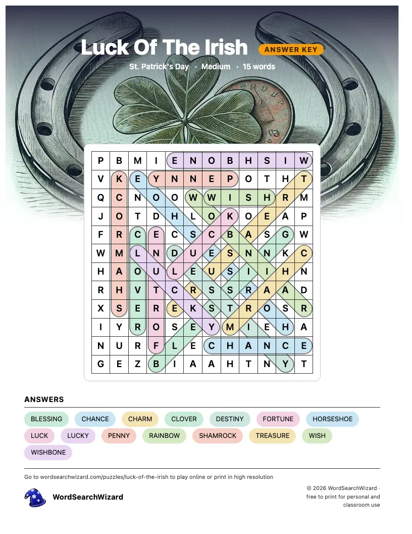 Luck Of The Irish word search answer key, all 15 words marked
